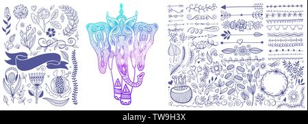 hand drawing floral design elements set and indian elephant sketch Stock Vector