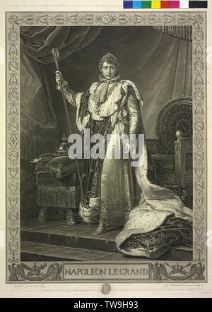 Napoleon I Bonaparte, Emperor of the French in the coronation robes, copper engraving / etching by Auguste Gaspard Louis Boucher Desnoyers based on a painting by François Gerard, Additional-Rights-Clearance-Info-Not-Available Stock Photo