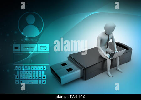 3d man and laptop sitting usb Stock Photo