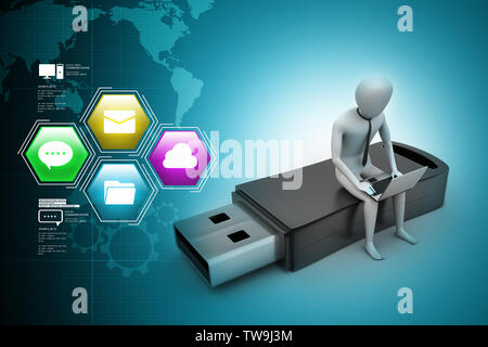 3d man and laptop sitting usb Stock Photo