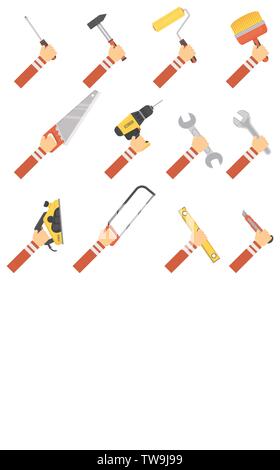 Set of hands with tools for repair. Stock Vector