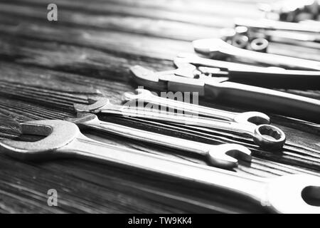 Plumber's tools on wooden background Stock Photo - Alamy