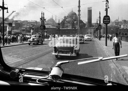 Turkey, Istanbul, Great Galata Bridge and the Basilica of Saint Sofia Mosque, 1950-60 Stock Photo