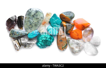 Different natural semi-precious stones for jewellery on white background Stock Photo