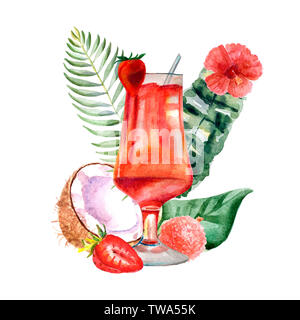 Watercolor tropical composition with summer cocktail on a bright background with fruits, palm leaves and flowers Stock Photo
