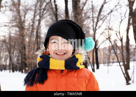 Cute boy in snowy park on winter vacation Stock Photo
