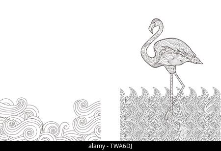 Coloring page with doodle style flamingo in the river. Stock Vector