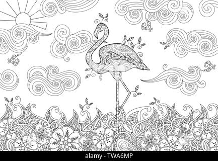 Coloring page with doodle style flamingo in the river. Stock Vector