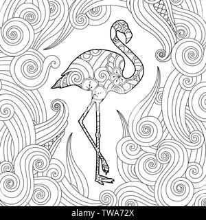 Coloring page with doodle style flamingo in zentangle inspired style. Stock Vector