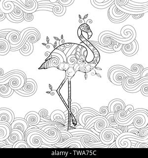 Coloring page with doodle style flamingo in the river. Stock Vector