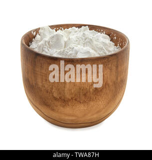 Wooden bowl with corn starch on white background Stock Photo