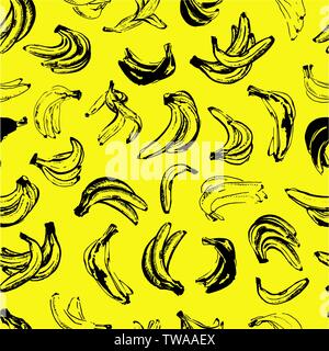 Vector hand drawn black color sketch of banana on yellow background seamless pattern Stock Vector