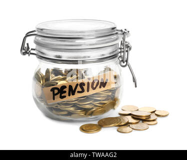 Coins in glass jar with tag PENSION on white background Stock Photo