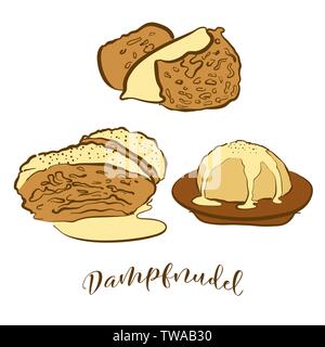 Colored sketches of Dampfnudel bread. Vector drawing of Sweet bread food, usually known in Germany. Colored Bread illustration series. Stock Vector