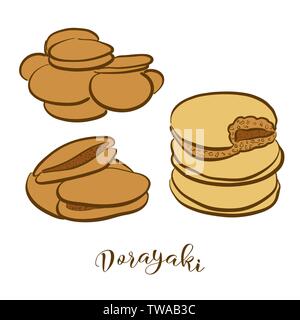 Colored sketches of Dorayaki bread. Vector drawing of Pancake food, usually known in Japan. Colored Bread illustration series. Stock Vector