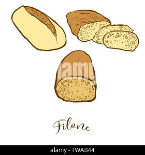 Colored sketches of Filone bread. Vector drawing of Leavened food, usually known in Italy. Colored Bread illustration series. Stock Vector