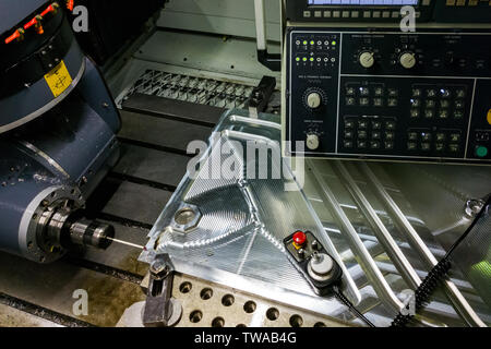 Measuring process with ruby touch probe on large CNC milling machine in jog mode. Stock Photo