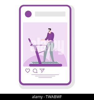 Vector illustration with man engaged on treadmill in the gym. Sports mobile application. Fitness app. Workout for wellness, activity. Healthy lifestyl Stock Vector