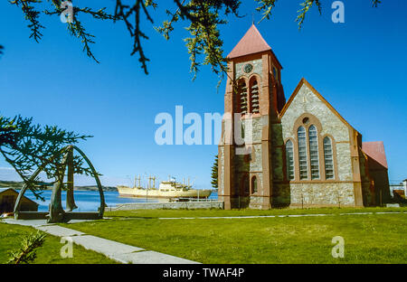 Falkland Islands 1985. Whalebone arch in the grounds of Christchurch Cathedral in Port Stanley Stock Photo