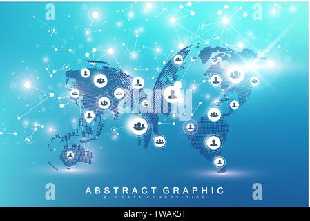 Global network connection. Social media network and marketing concept on World Map background. Global business and internet technology, Analytical Stock Vector