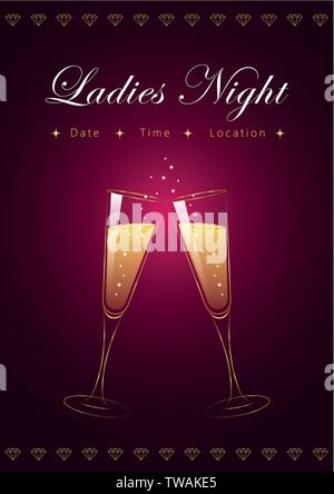 ladies night party poster with champagne glasses and diamonds vector illustration EPS10 Stock Vector