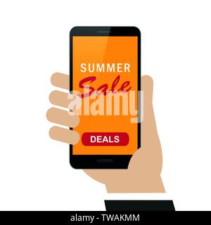 hand holds smartphone with summer sale deals shopping concept isolated on white background vector illustration EPS10 Stock Vector