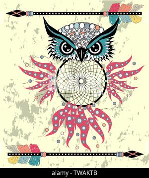 Patterned owl on the grunge background. African indian totem tattoo design Stock Vector