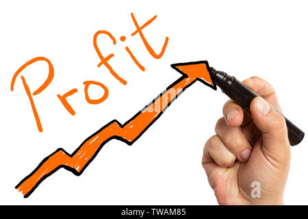 Man outlining orange profit arrow with black marker as economic growth concept isolated on white studio background Stock Photo