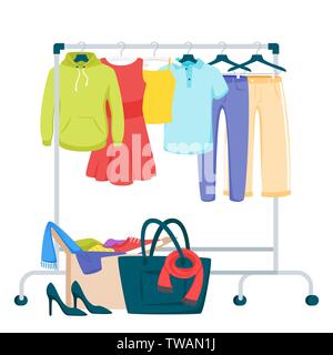 Clothes and accessories hanging on rack vector illustration. Fashion boutique, showroom assortment. Female personal wardrobe, closet. Trousers, summer Stock Vector