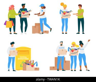 Volunteers with clothing donations vector illustrations set. Voluntary center social workers flat characters pack. Young students sharing garment, cha Stock Vector