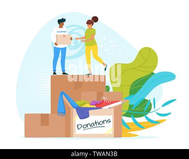 People donating clothes vector illustration. Yard, garage sale. Social workers flat characters helping homeless. Mindful living, charity. Cardboard bo Stock Vector