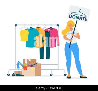 Female volunteer collecting clothes donations flat vector illustration. Young demonstrator holding placard faceless character. Used garment on hangers Stock Vector