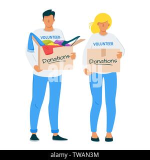 Man and woman donating clothes to charity flat illustration. Young volunteers couple, caregivers, social workers vector faceless characters. Cardboard