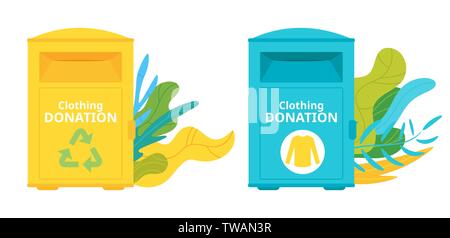 Clothes donation boxes flat vector illustrations set. Fabric recycle bins isolated cliparts pack. Homeless, people in need social support. Charity and Stock Vector