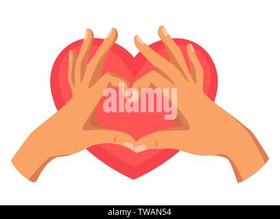 Hands showing heart sign flat vector illustration. Volunteering, people in need support, social help service. Charity, donation and healthcare organiz Stock Vector