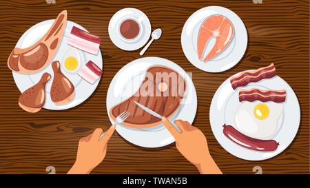 Person eating meat dishes flat vector illustration. Carnivore, zero carb diet. Weight loss meal, healthy eating. Animal products meals on plates. Rura Stock Vector