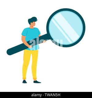 Man holding magnifying glass flat character. Male marketer, business analyst, headhunter vector isolated clipart. Creative solutions and ideas searchi Stock Vector