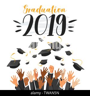 University graduation ceremony flat vector web banner template. 2019 class commencement. Higher education, bachelor, master degree. Students throwing Stock Vector