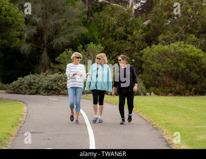 Lovely group of three senior mature retired women on their 60s walking in sportswear doing daily exercise routine together in People female friendship Stock Photo