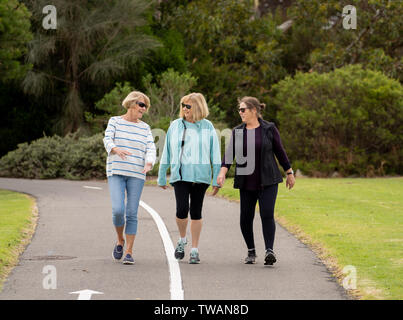 Lovely group of three senior mature retired women on their 60s walking in sportswear doing daily exercise routine together in People female friendship Stock Photo