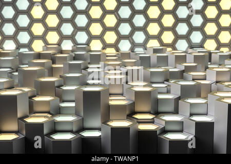 Golden hexagonal metallic background, three-dimensional rendering Stock Photo