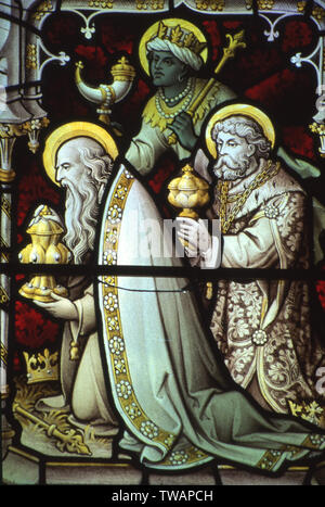 Stained glass window, Adoration of the Magi, St Peter and St Paul's, Aldeburgh, Suffolk, UK. Stock Photo
