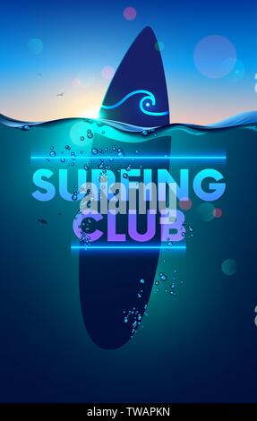 Surfing club vertical banner or background. surfboard underwater in sea on sunset. wave waterline and bubbles on surface of ocean. neon logo surf club Stock Vector