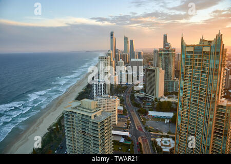 Aerial shot of world famous sufers paradise city beach and esplanade at sunset. Gold Coast, Surfers Paradise, Queensland, Australia Stock Photo