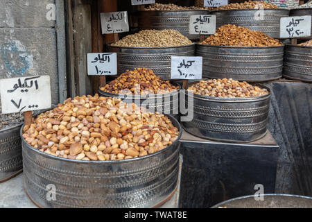 Spices on the market in Amman downtown, Jordan. Choice of Arabic spices on the Middle East bazaar. Stock Photo