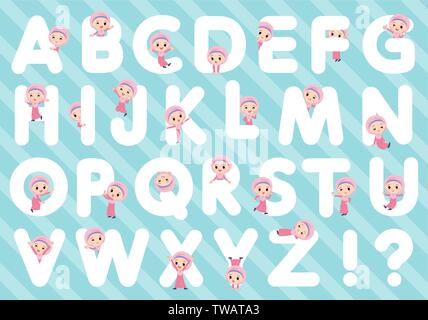 A set of Islamic girl designed with alphabet.Characters with fun expressions pose various poses.It's vector art so it's easy to edit. Stock Vector
