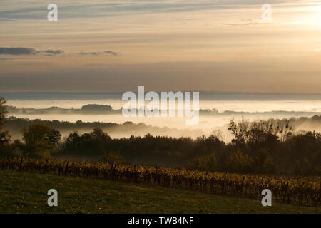 Early morning sun on the mist in the Dropt valley looking towards Eymet Stock Photo