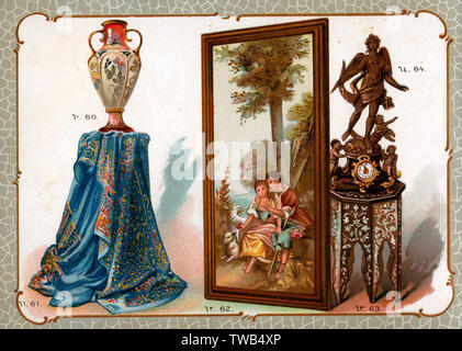 Catalogue illustration, vase, embroidery, screen, pedestal table, clock and statue.  60. Porcelain vase made in the Imperial Factory at Yildiz, donated by the Sultan.  61. Ancient embroidered cover in silk and gold, donated by the Sultan.  62. Screen made in the Gobelins Factory (Paris), donated by Marshal Fuad Pasha.  63. Arab style pedestal table decorated in ivory, donated by the Khedive of Egypt.  64. Bronze clock with winged statue, donated by Monsieur Grosholz, Director of the Oriental Railways.      Date: circa 1890s