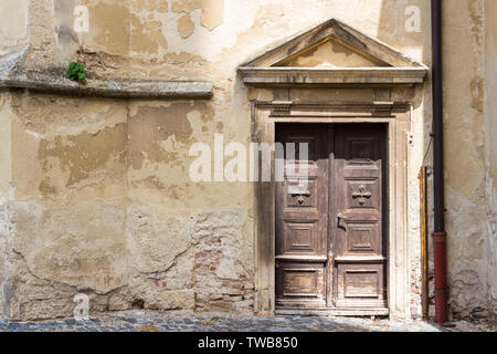 Wooden side door of St. James' Church built in the 14th-15th century, Koszeg, Hungary Stock Photo