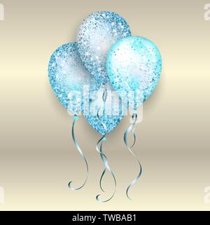 Flying glossy blue shiny realistic 3D helium balloons with gold ribbon and glitter sparkles, perfect decoration for birthday party brochures, invitati Stock Vector